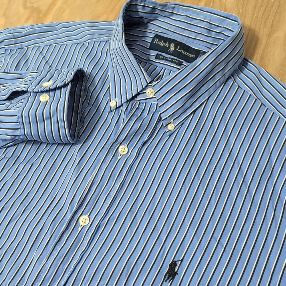 Ralph Lauren Men's XL 17 37  Classic Fit Striped Shirt‎ Blue White Black L/S